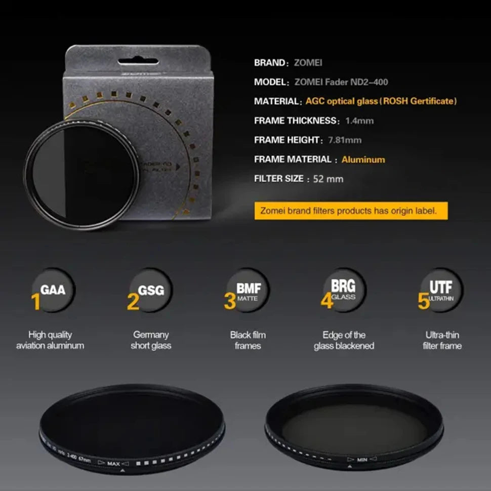 ZOMEI 52mm ND2-ND400 Ultra-thin Phone Camera Lens Professional Circular 52mm Polarizer Filter for Smart Mobile Phone With Clip